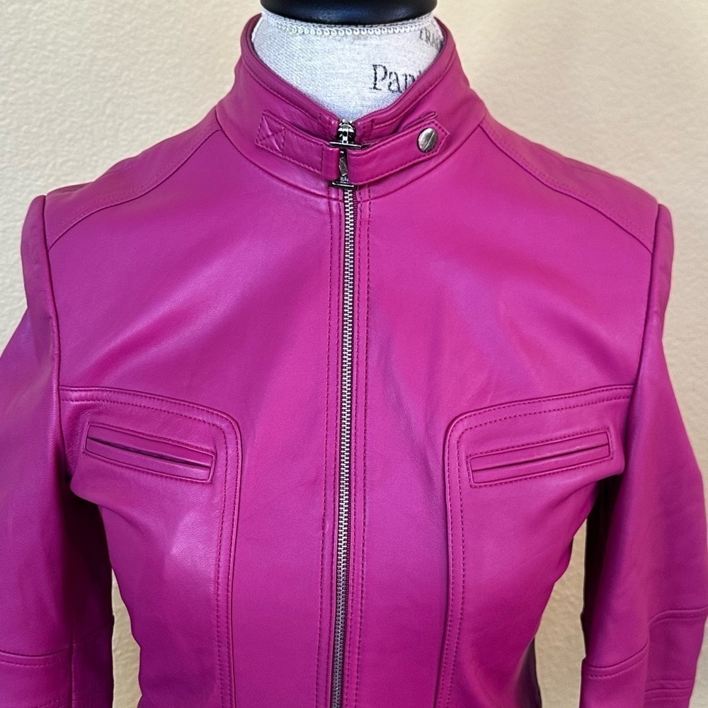Pitti Collection Women’s Bright Pink All Leather Jacket Italian Size 40 EUC! - Picture 4 of 12